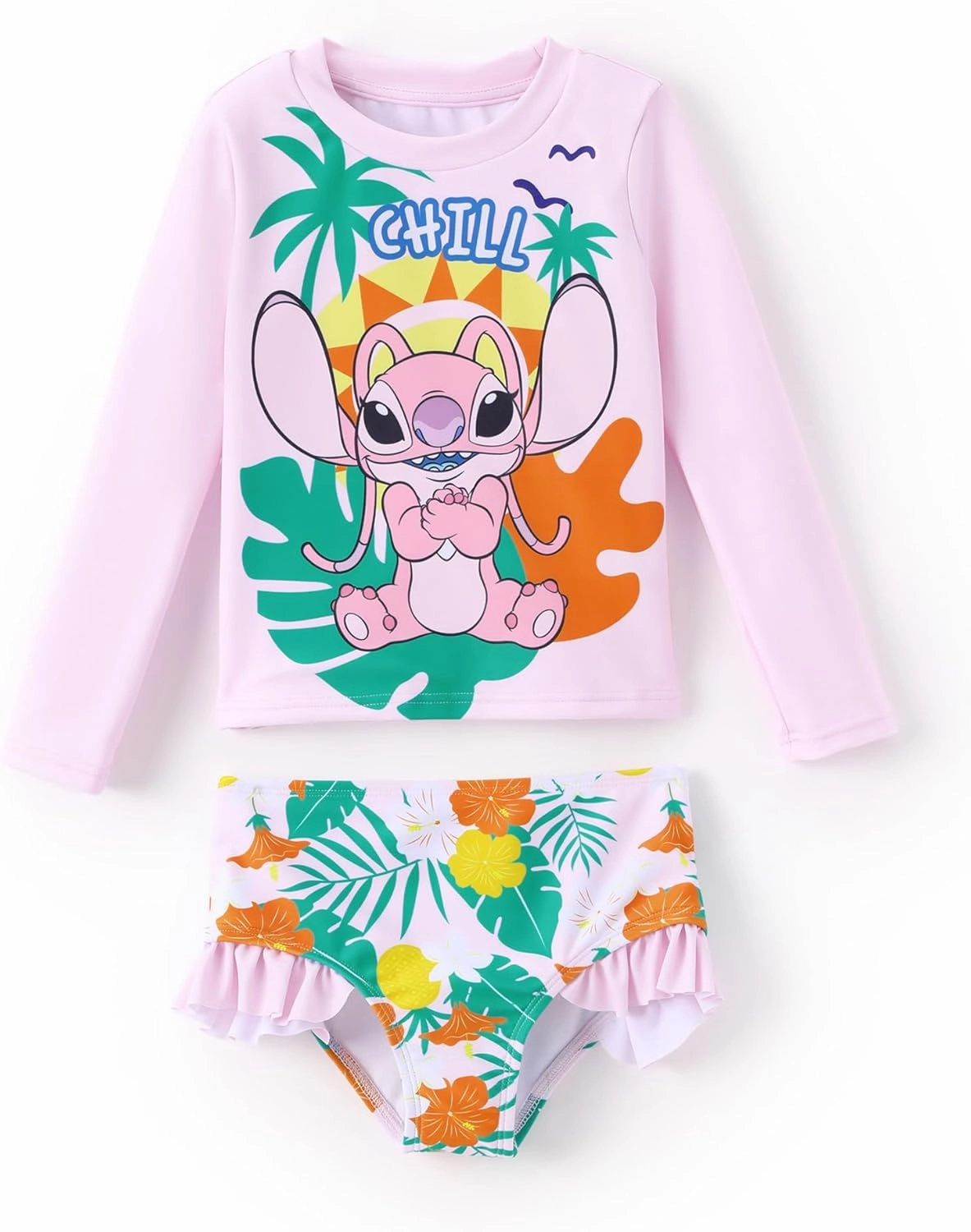 Disney Mickey and Friends Girl Two Piece Long Sleeve Swimsuit Rashguard Bathing Suit