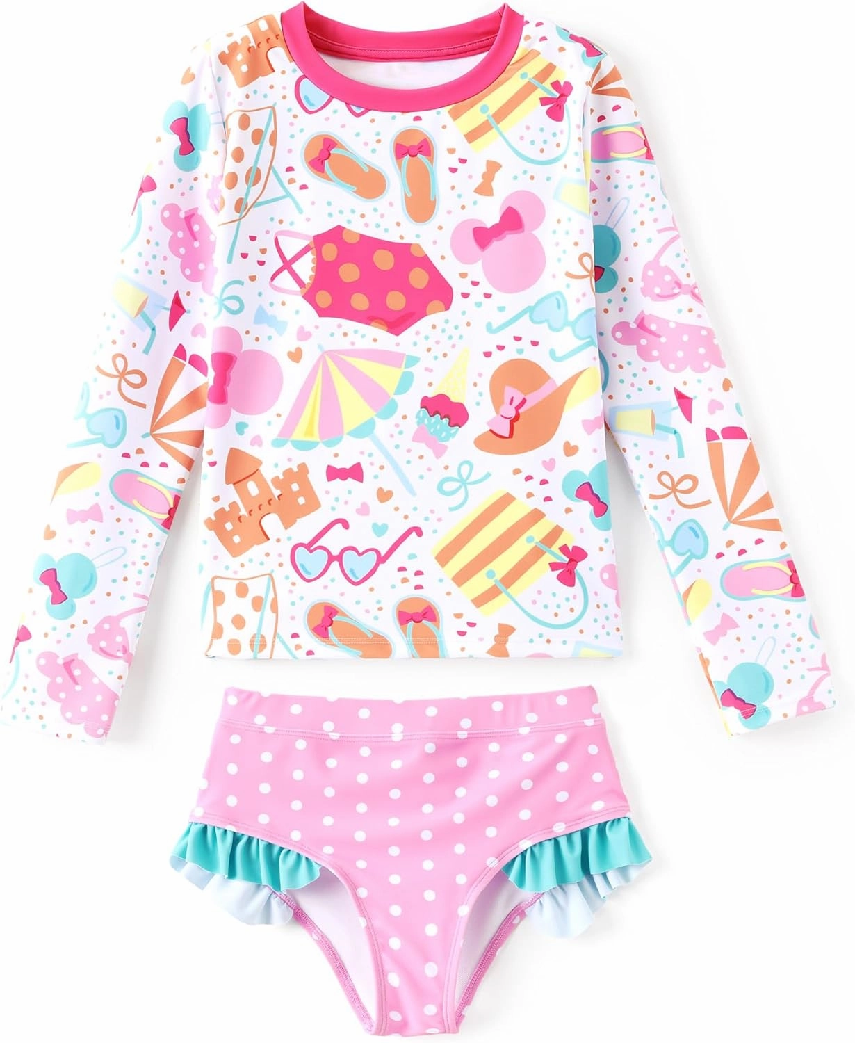 Disney Mickey and Friends Girl Two Piece Long Sleeve Swimsuit Rashguard Bathing Suit
