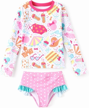 Disney Mickey and Friends Girl Two Piece Long Sleeve Swimsuit Rashguard Bathing Suit