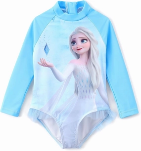 Disney Princess Frozen Elsa Minnie Stitch One Piece Swimsuit Rashguard Bathing Suit UPF 50 Toddler Girl Long Sleeve Swimwear