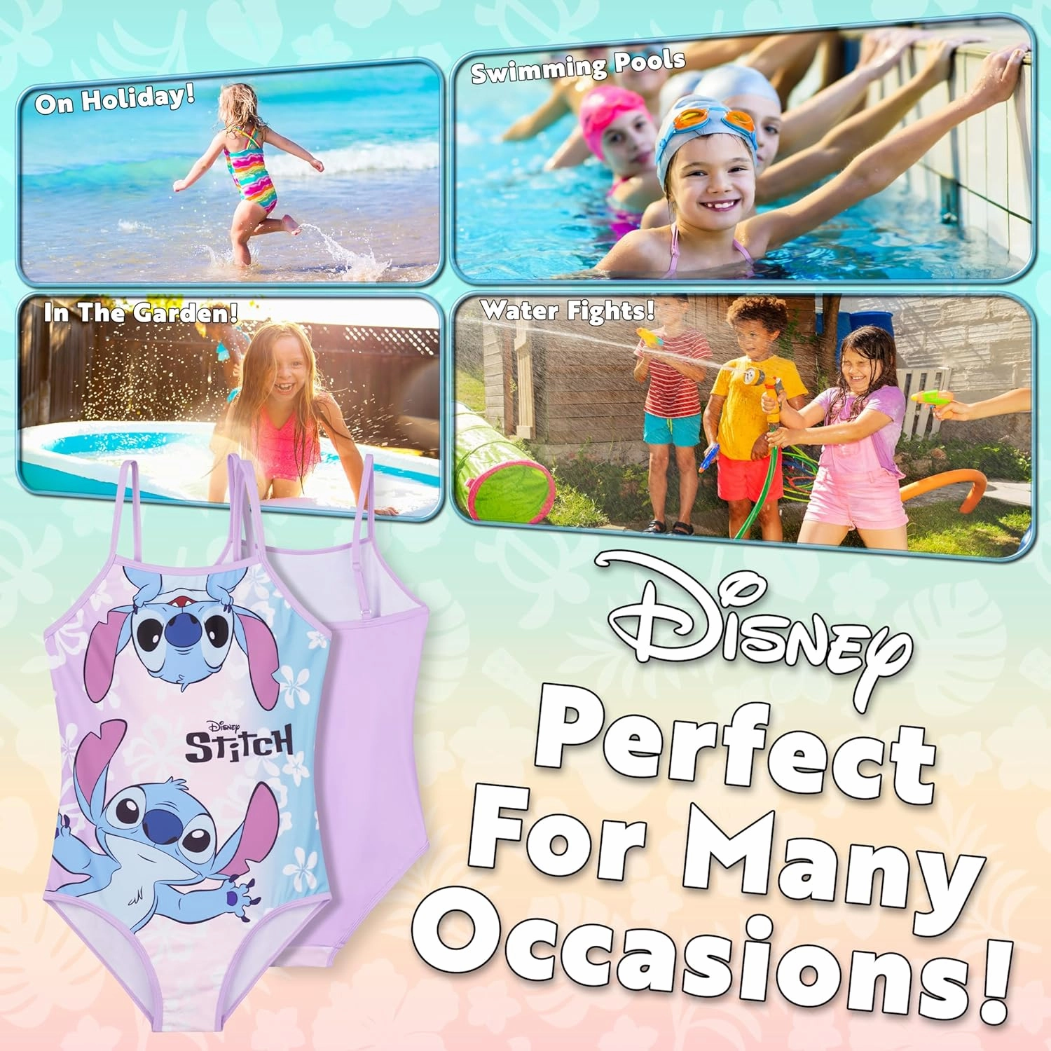 Disney Stitch Girls One Piece Swimsuit, Stretchy Swimwear for Beach and Pool