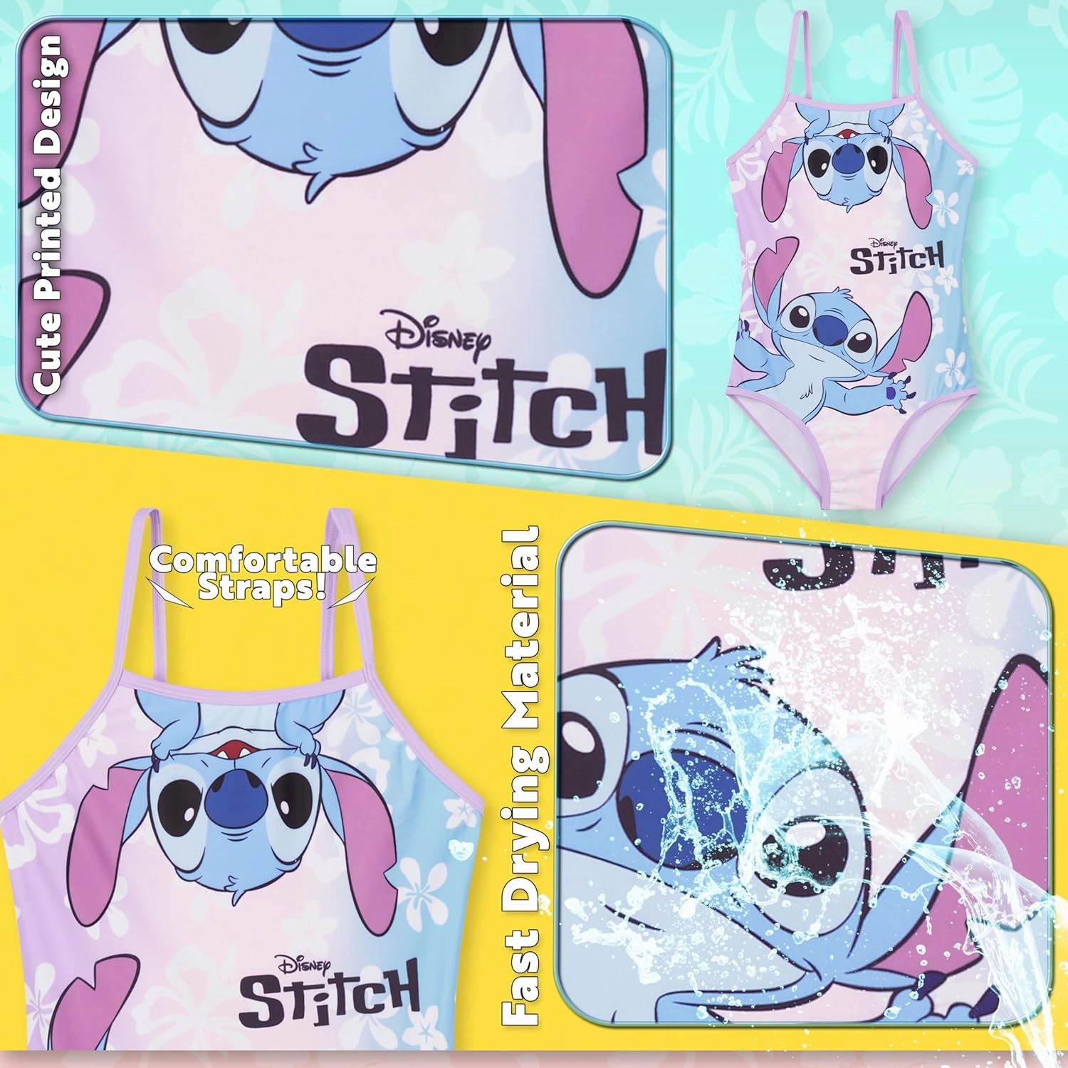Disney Stitch Girls One Piece Swimsuit, Stretchy Swimwear for Beach and Pool