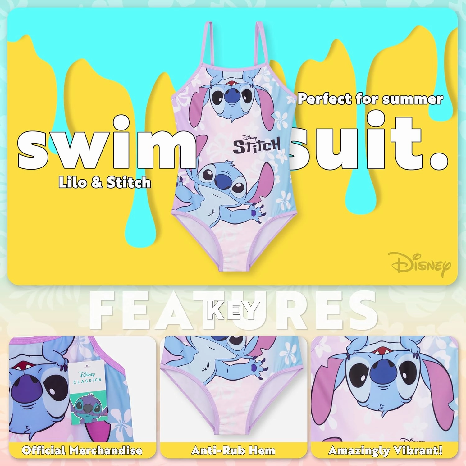 Disney Stitch Girls One Piece Swimsuit, Stretchy Swimwear for Beach and Pool