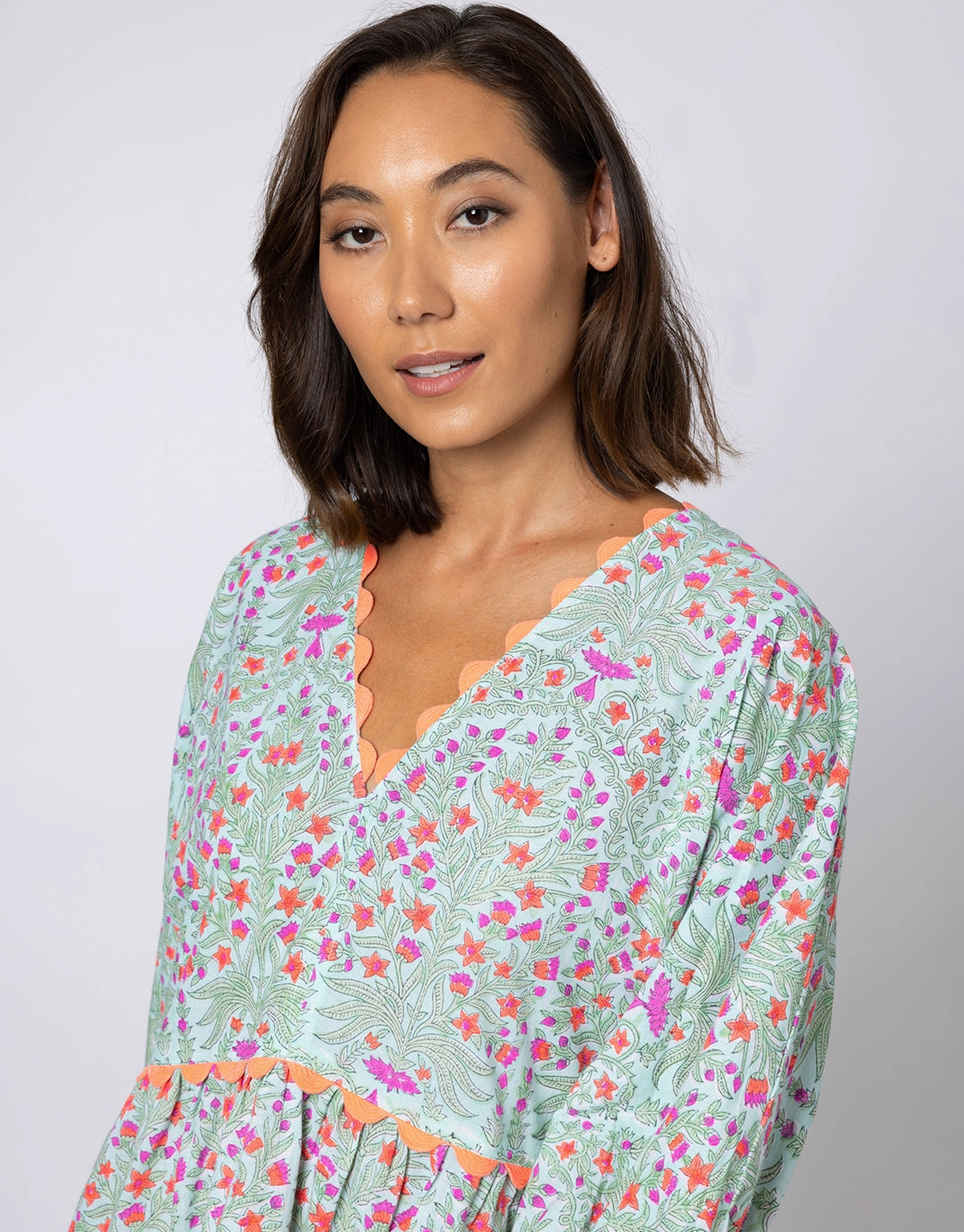 Ditsy Print V-Neck Tiered Mini Dress with Ric-Rac - Aqua and Neon Red