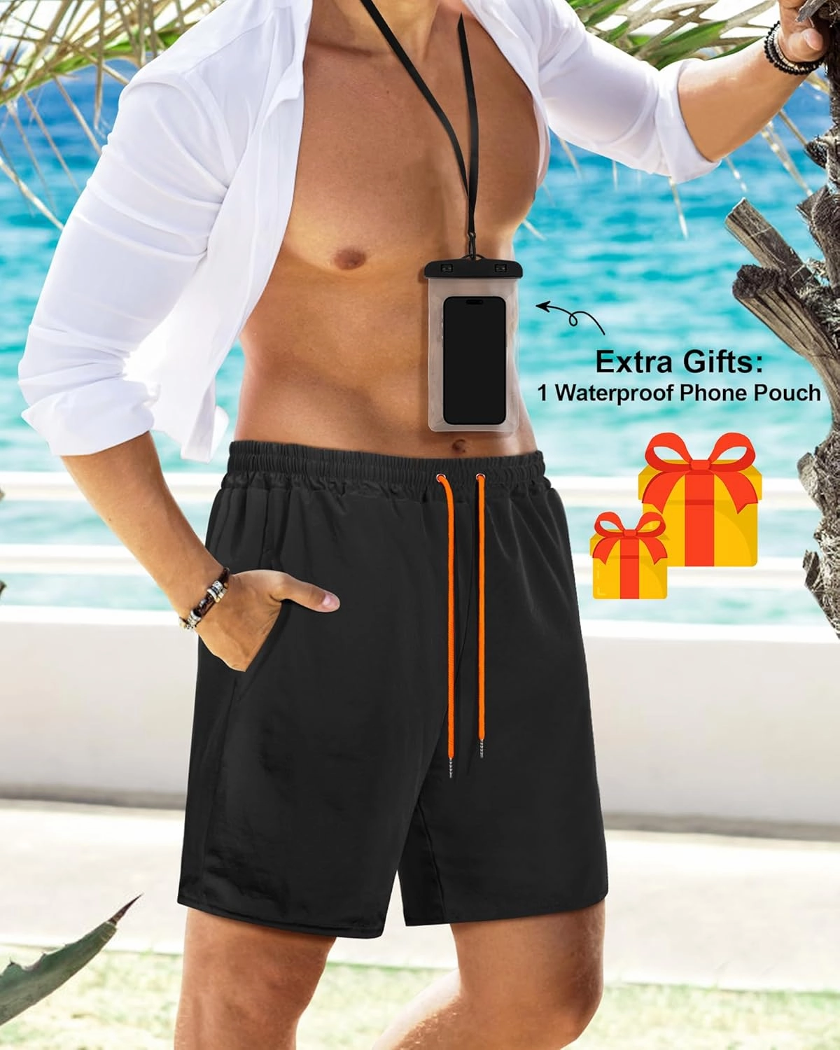 Fasker Mens Swim Trunks with Compression Liner 7" Inseam Quick Dry Bathing Suit Beach Shorts Swimming Trunks with Pockets