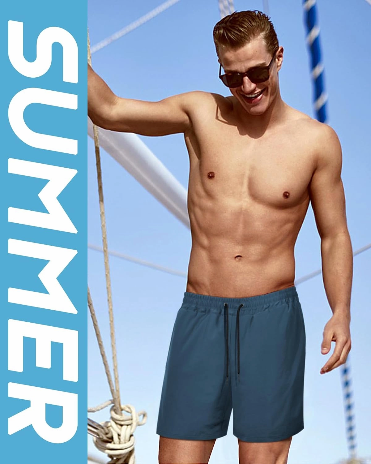 Fasker Mens Swim Trunks with Compression Liner 7" Inseam Quick Dry Bathing Suit Beach Shorts Swimming Trunks with Pockets