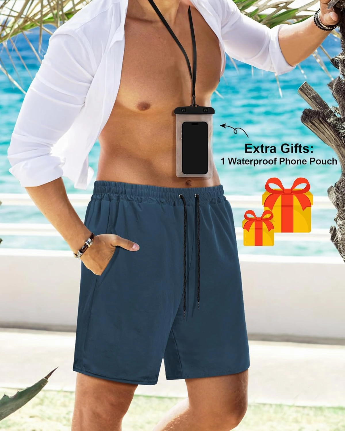 Fasker Mens Swim Trunks with Compression Liner 7" Inseam Quick Dry Bathing Suit Beach Shorts Swimming Trunks with Pockets