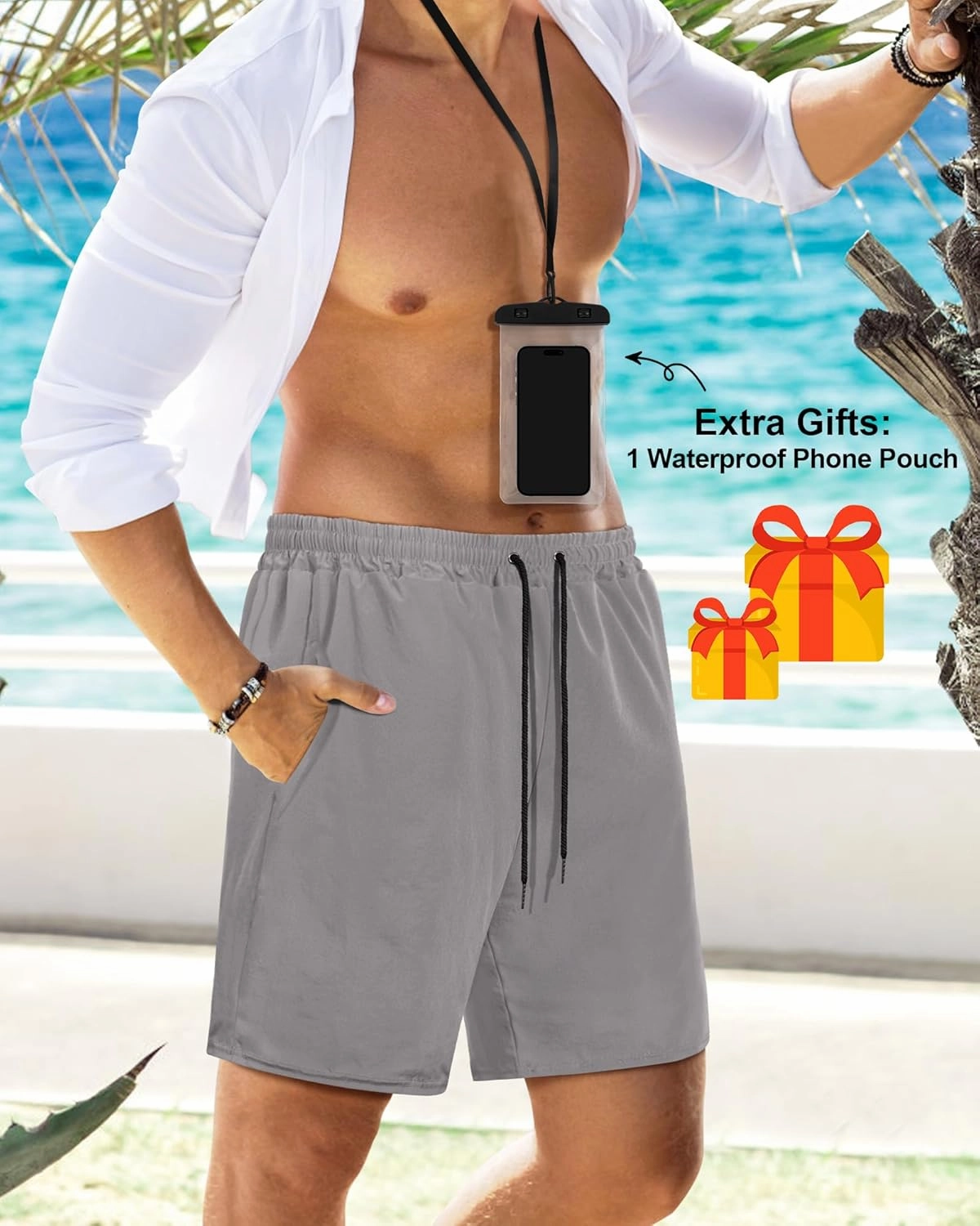 Fasker Mens Swim Trunks with Compression Liner 7" Inseam Quick Dry Bathing Suit Beach Shorts Swimming Trunks with Pockets