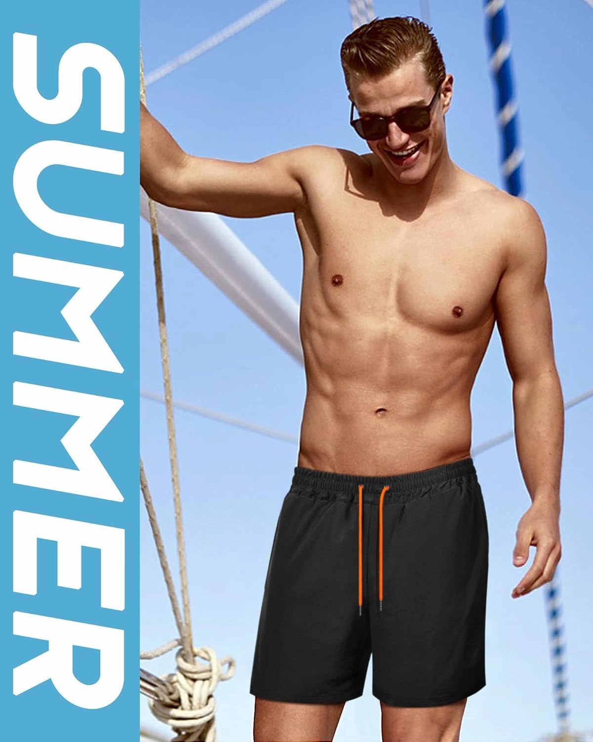 Fasker Mens Swim Trunks with Compression Liner 7" Inseam Quick Dry Bathing Suit Beach Shorts Swimming Trunks with Pockets