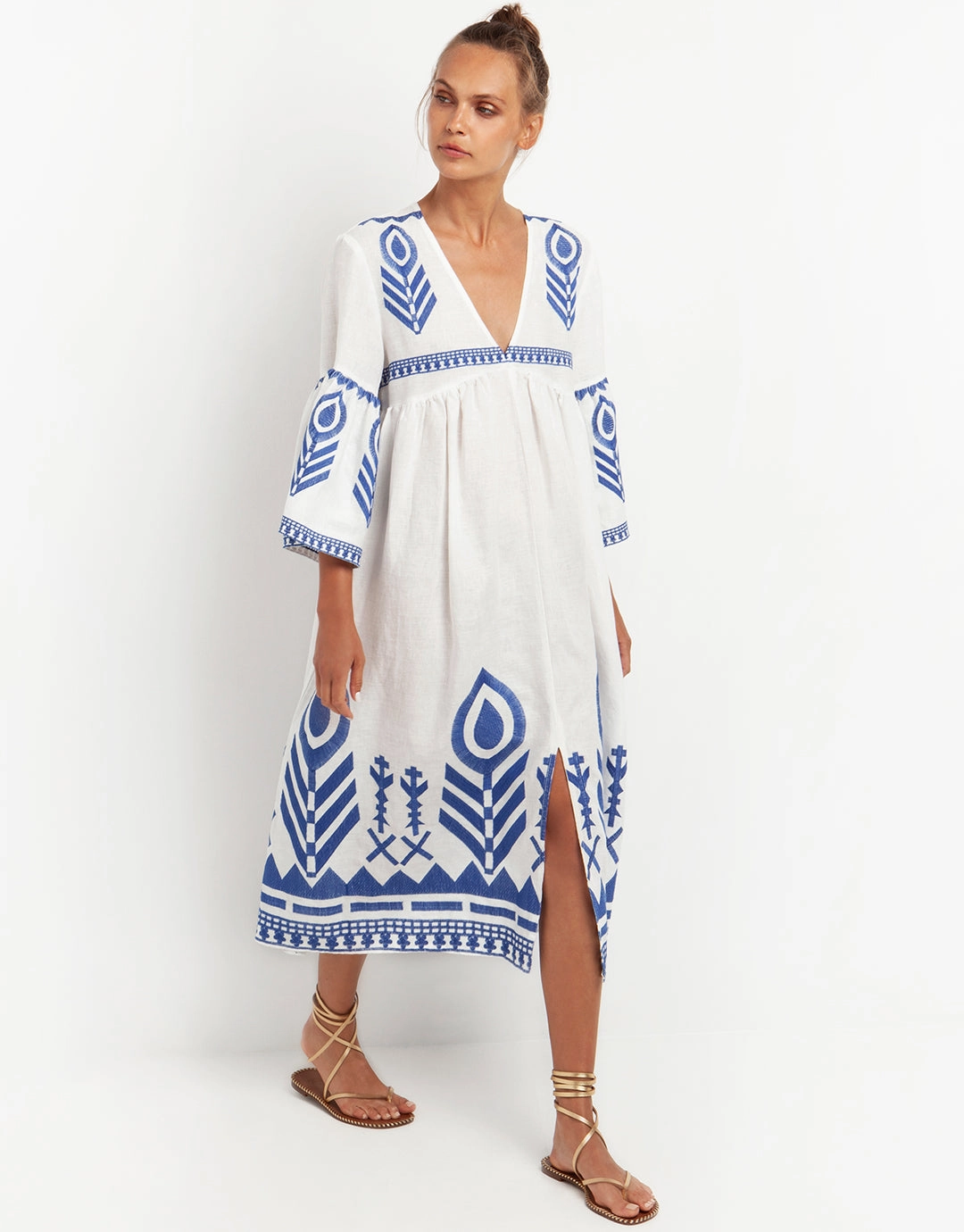 Feather Bell Sleeve Kaftan - White and Blue