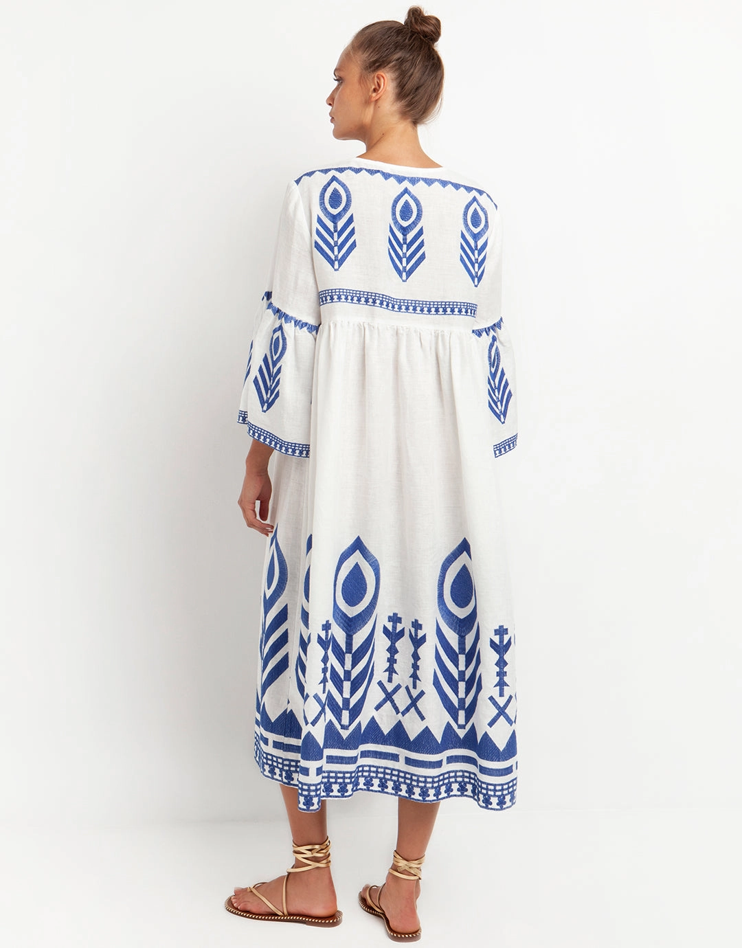 Feather Bell Sleeve Kaftan - White and Blue