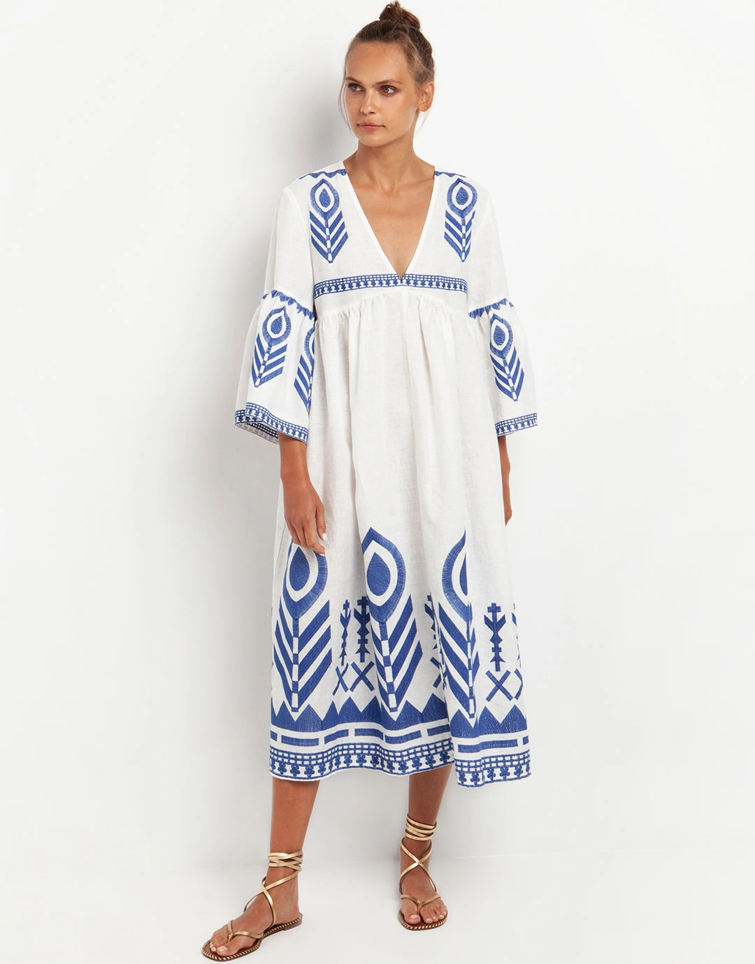 Feather Bell Sleeve Kaftan - White and Blue