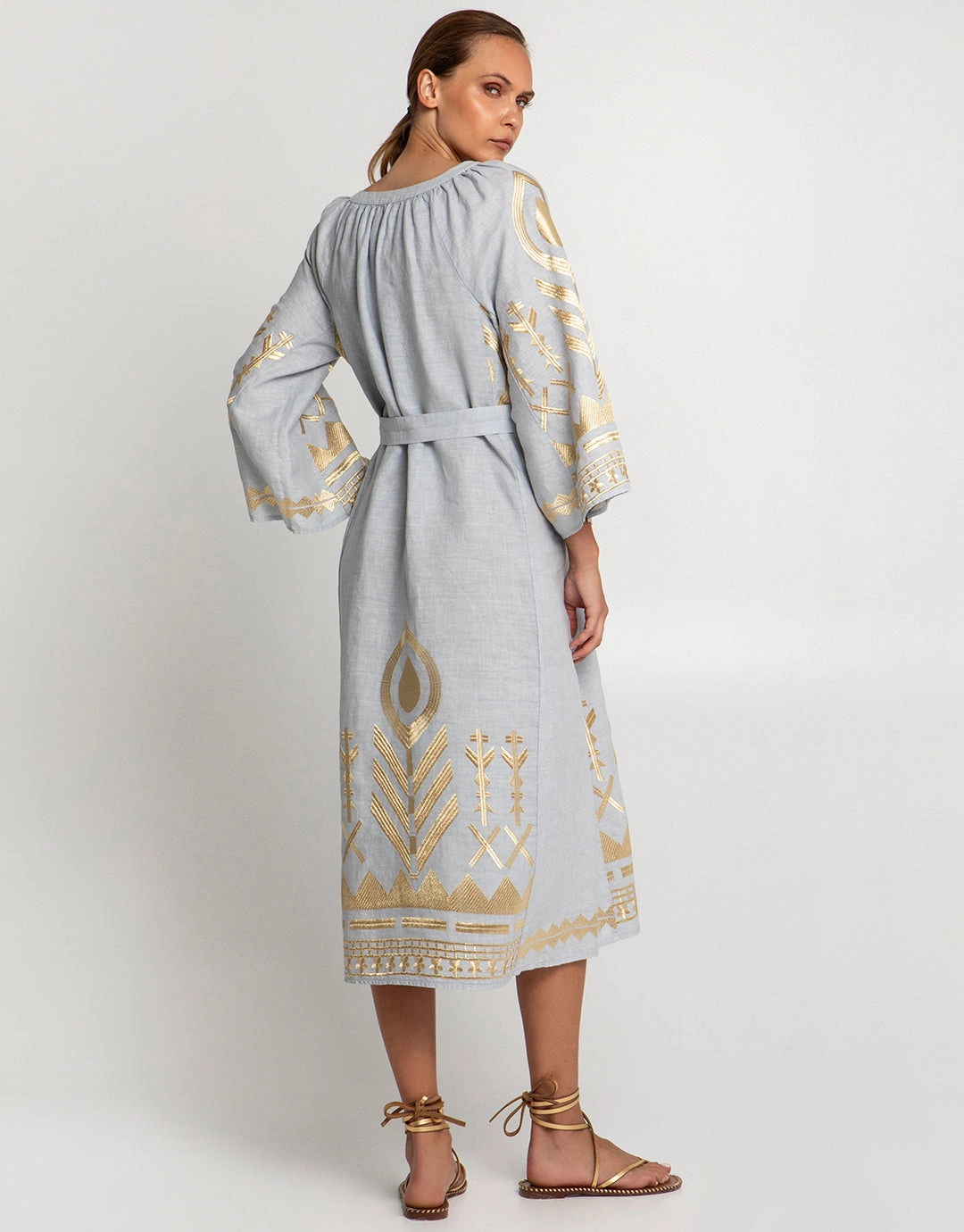Feather Midi Kaftan - Light Grey and Gold