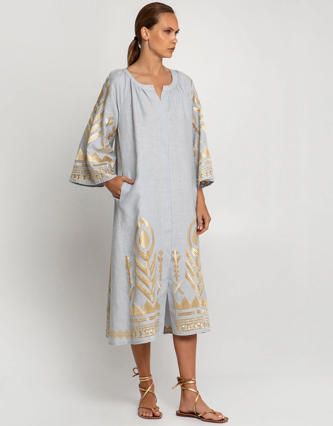 Feather Midi Kaftan - Light Grey and Gold
