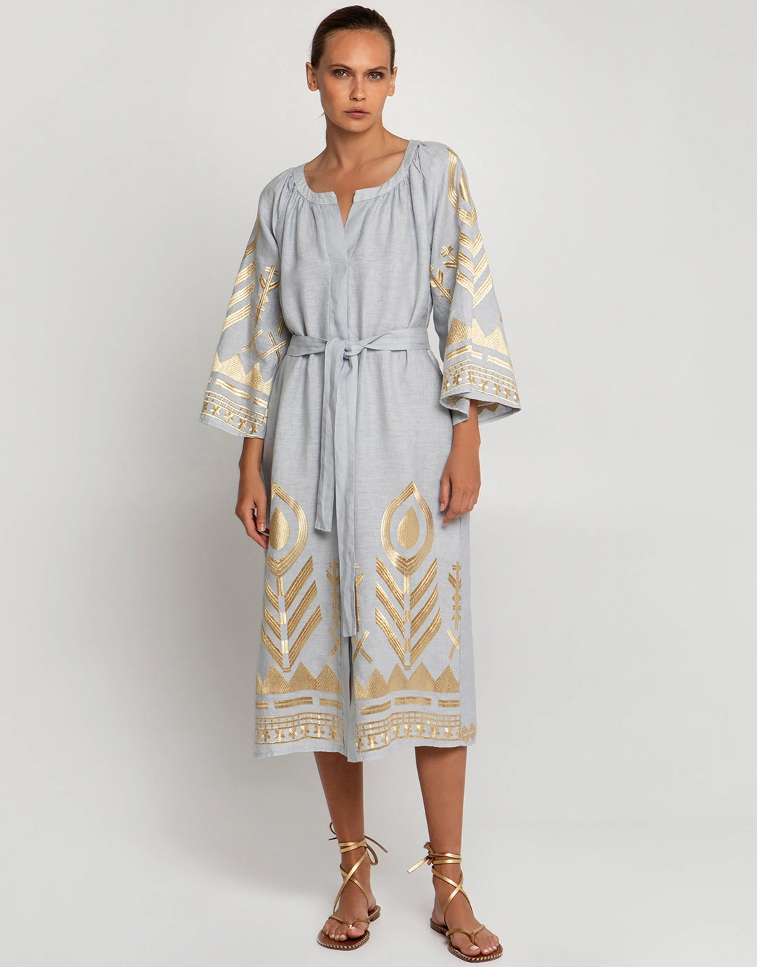Feather Midi Kaftan - Light Grey and Gold