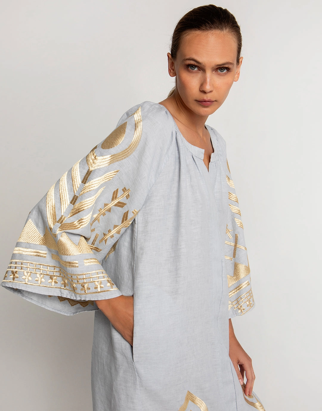 Feather Midi Kaftan - Light Grey and Gold