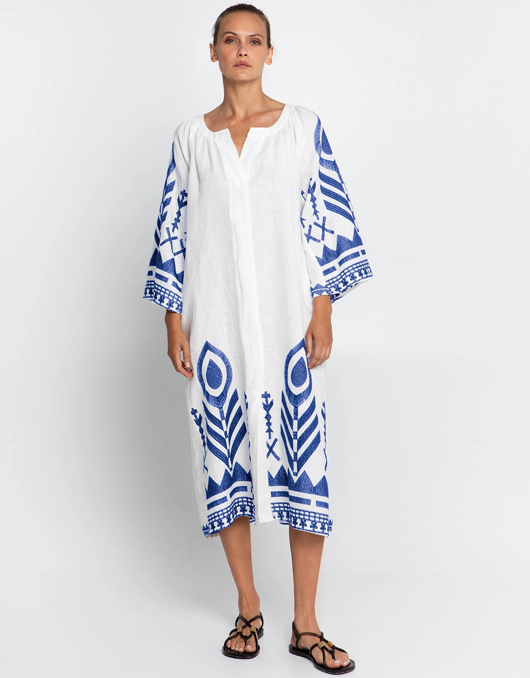 Feather Midi Kaftan  - White and Blue