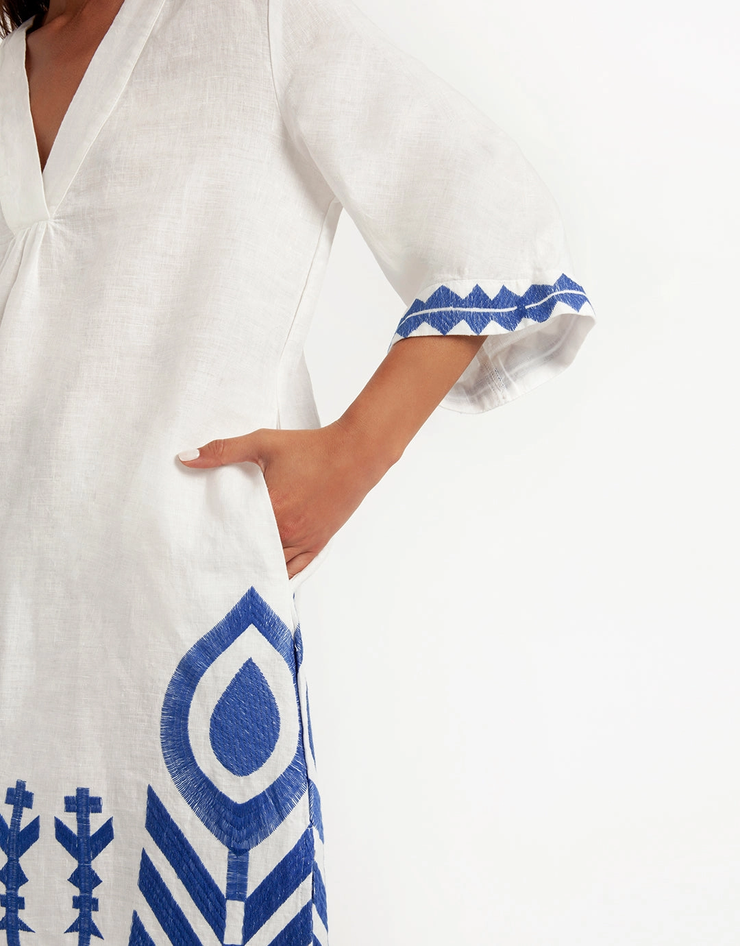 Feathers V Neck Midi Kaftan - White and Blue