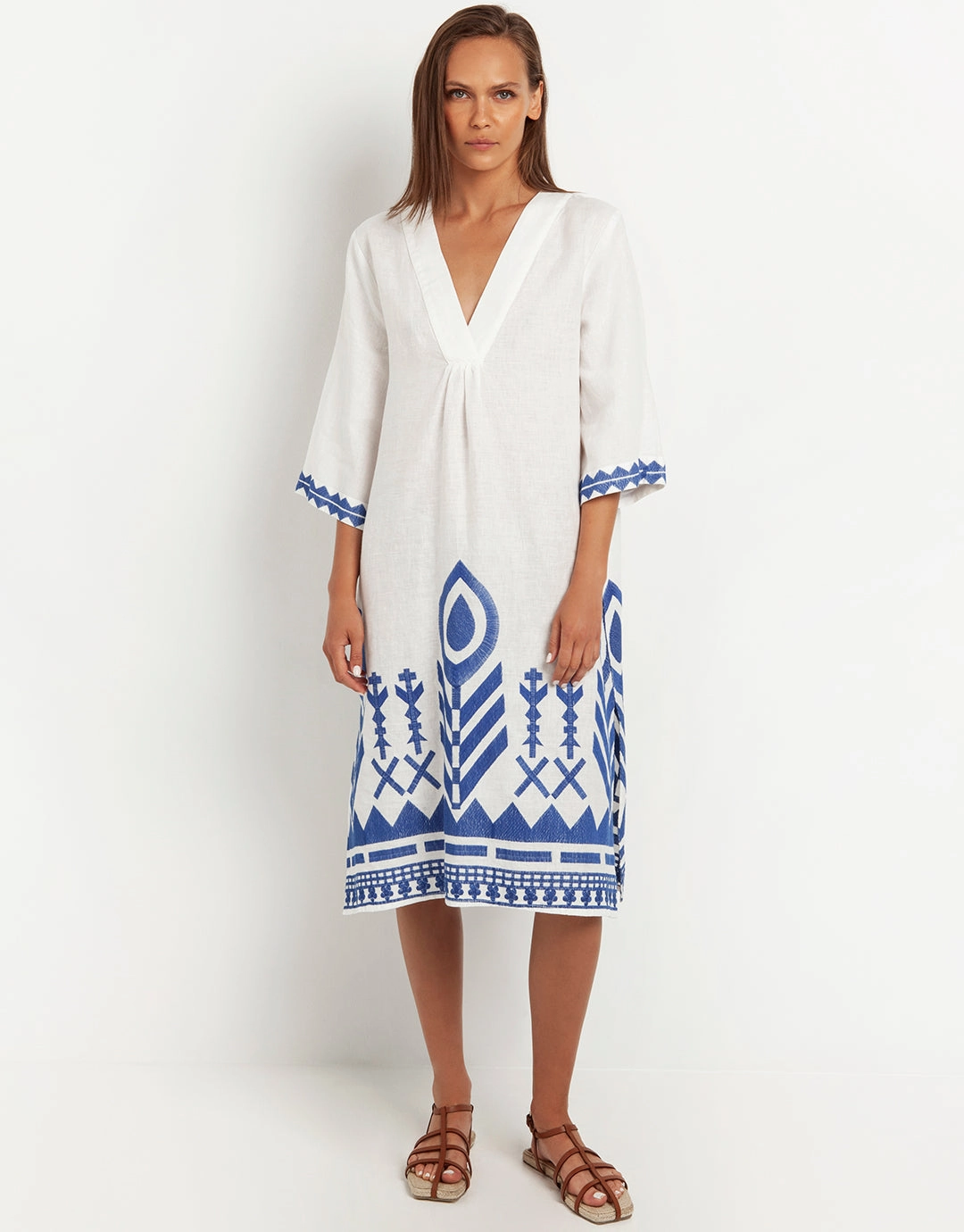 Feathers V Neck Midi Kaftan - White and Blue