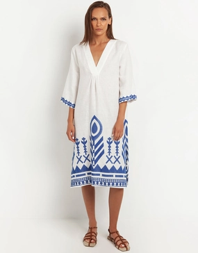 Feathers V Neck Midi Kaftan - White and Blue