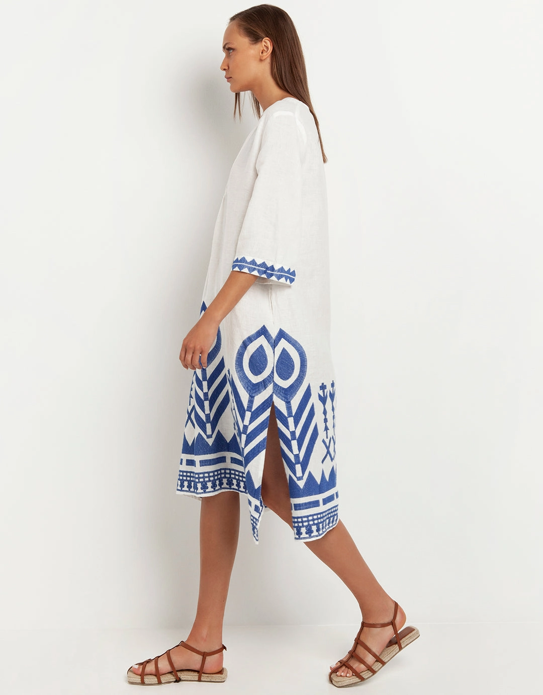 Feathers V Neck Midi Kaftan - White and Blue