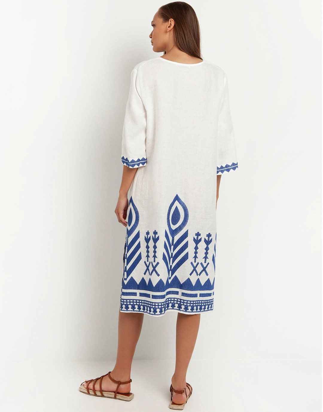 Feathers V Neck Midi Kaftan - White and Blue