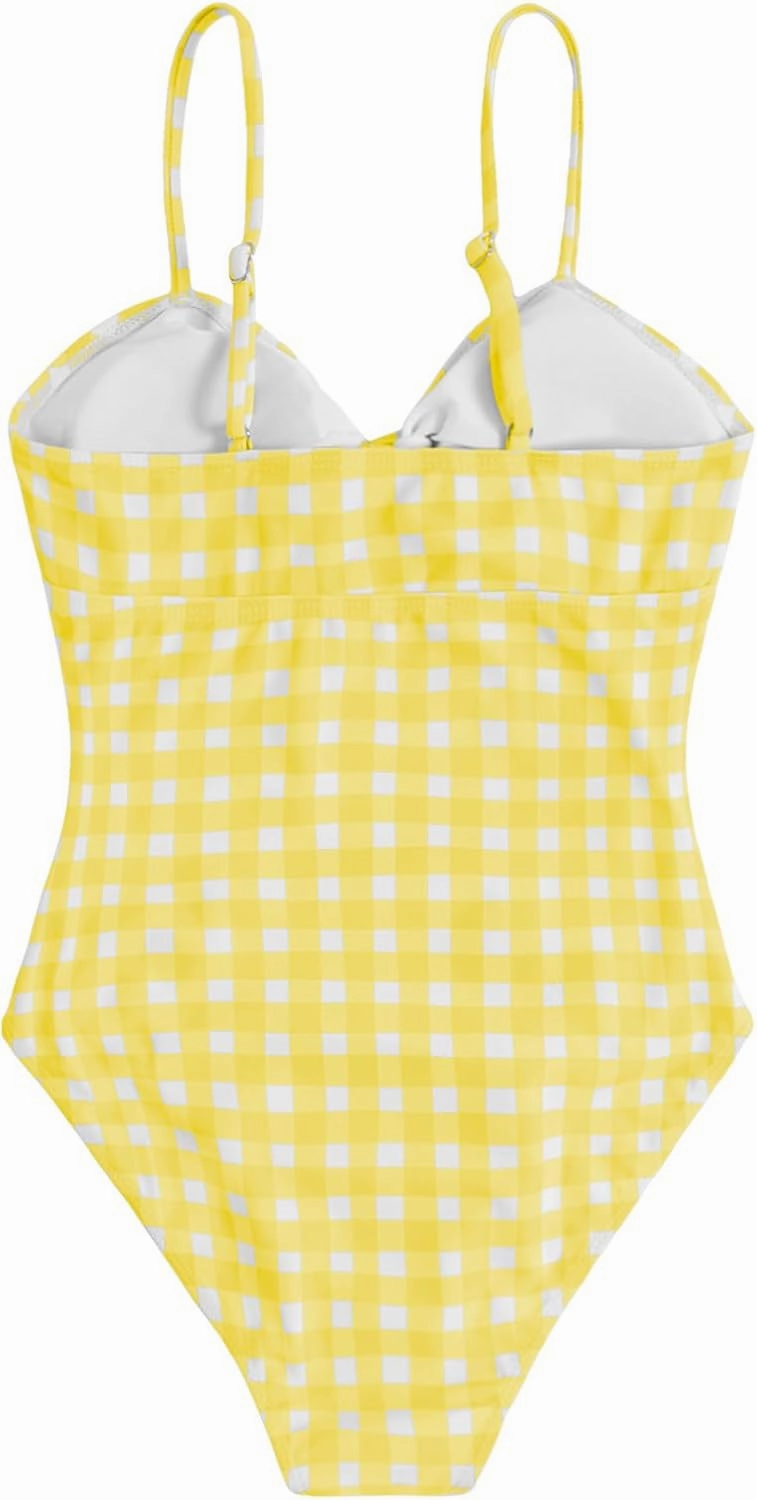 Floerns Girl's Gingham Print Ruched Cut Out Knot Front One Piece Swimsuit