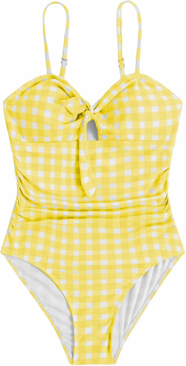 Floerns Girl's Gingham Print Ruched Cut Out Knot Front One Piece Swimsuit