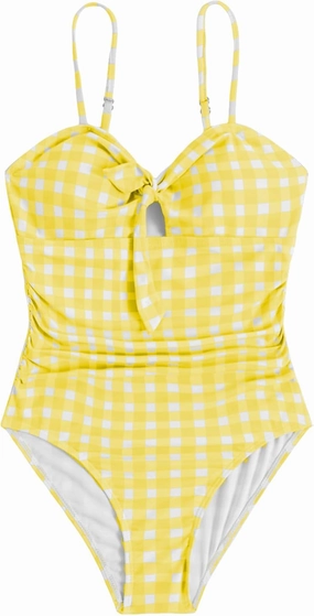 Floerns Girl's Gingham Print Ruched Cut Out Knot Front One Piece Swimsuit