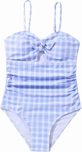 Floerns Girl's Gingham Print Ruched Cut Out Knot Front One Piece Swimsuit