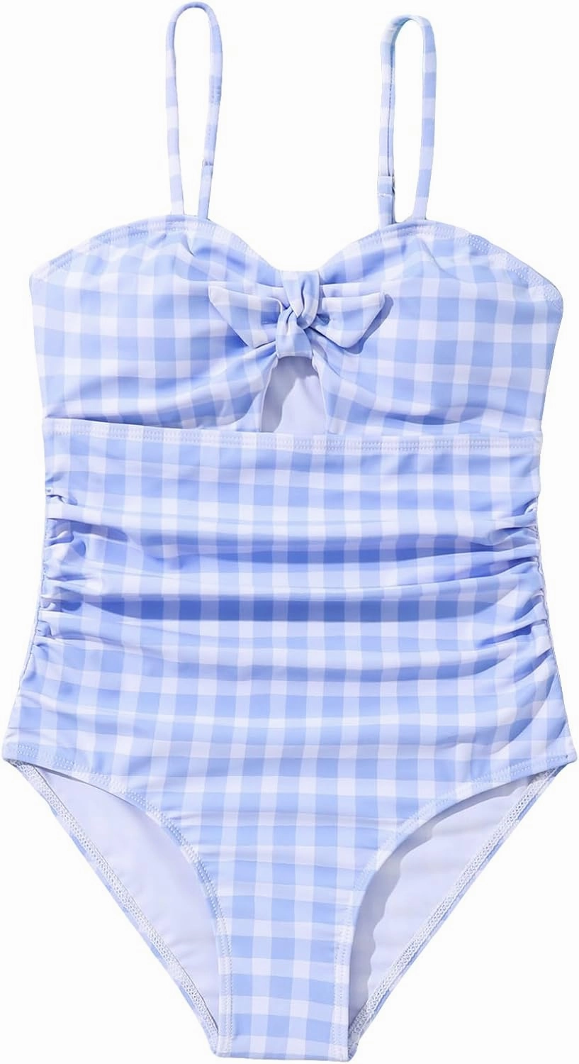 Floerns Girl's Gingham Print Ruched Cut Out Knot Front One Piece Swimsuit