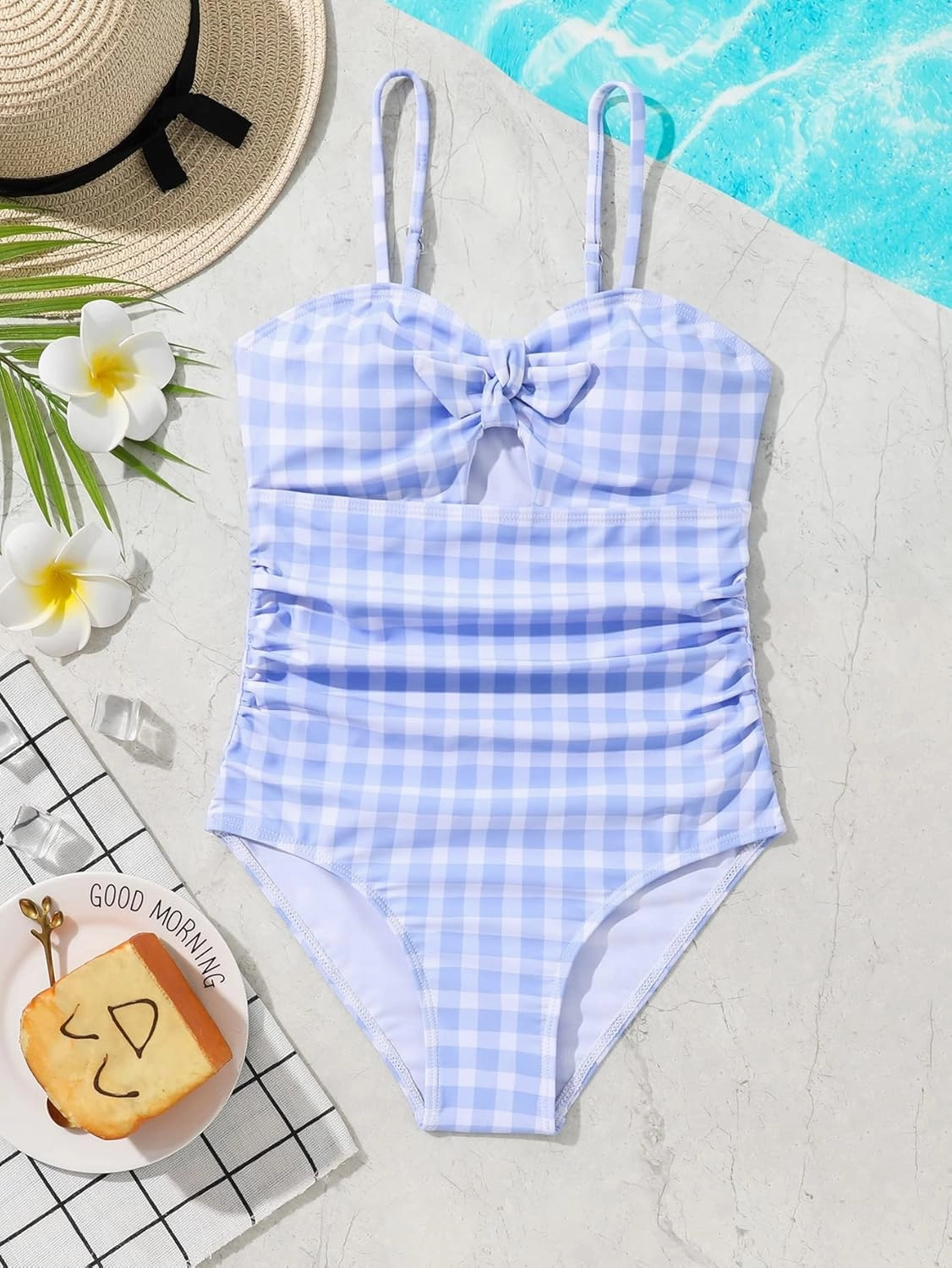Floerns Girl's Gingham Print Ruched Cut Out Knot Front One Piece Swimsuit