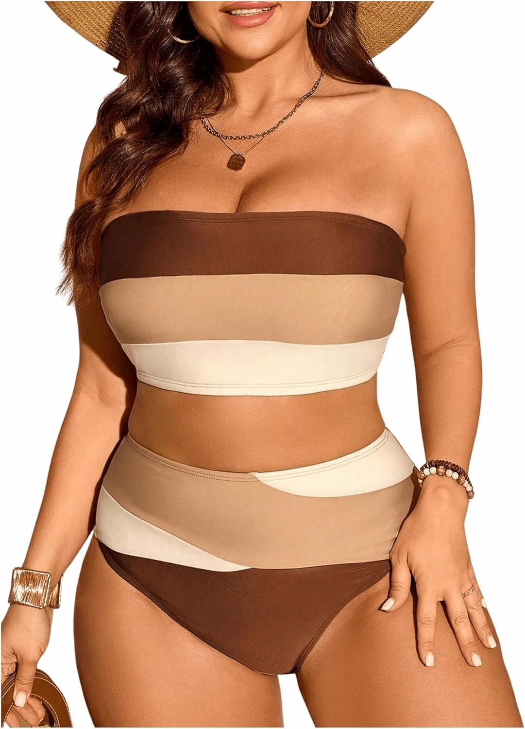 Floerns Women's Plus Size Colorblock Bandeau Bikini Set High Waisted Beachwear