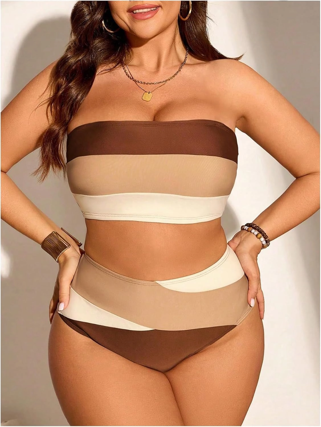 Floerns Women's Plus Size Colorblock Bandeau Bikini Set High Waisted Beachwear