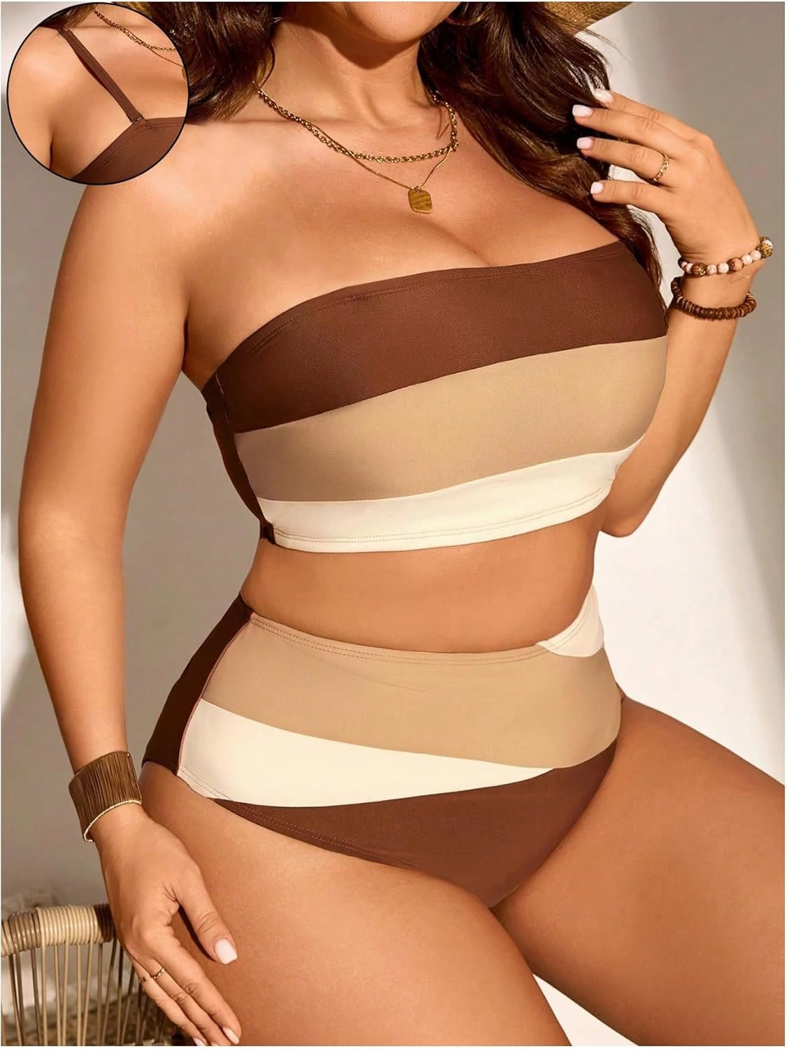 Floerns Women's Plus Size Colorblock Bandeau Bikini Set High Waisted Beachwear