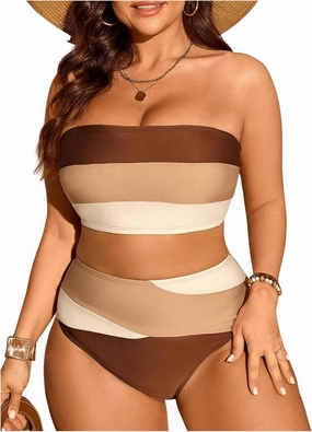 Floerns Women's Plus Size Colorblock Bandeau Bikini Set High Waisted Beachwear