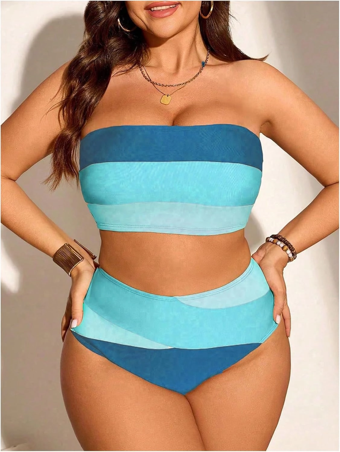 Floerns Women's Plus Size Colorblock Bandeau Bikini Set High Waisted Beachwear
