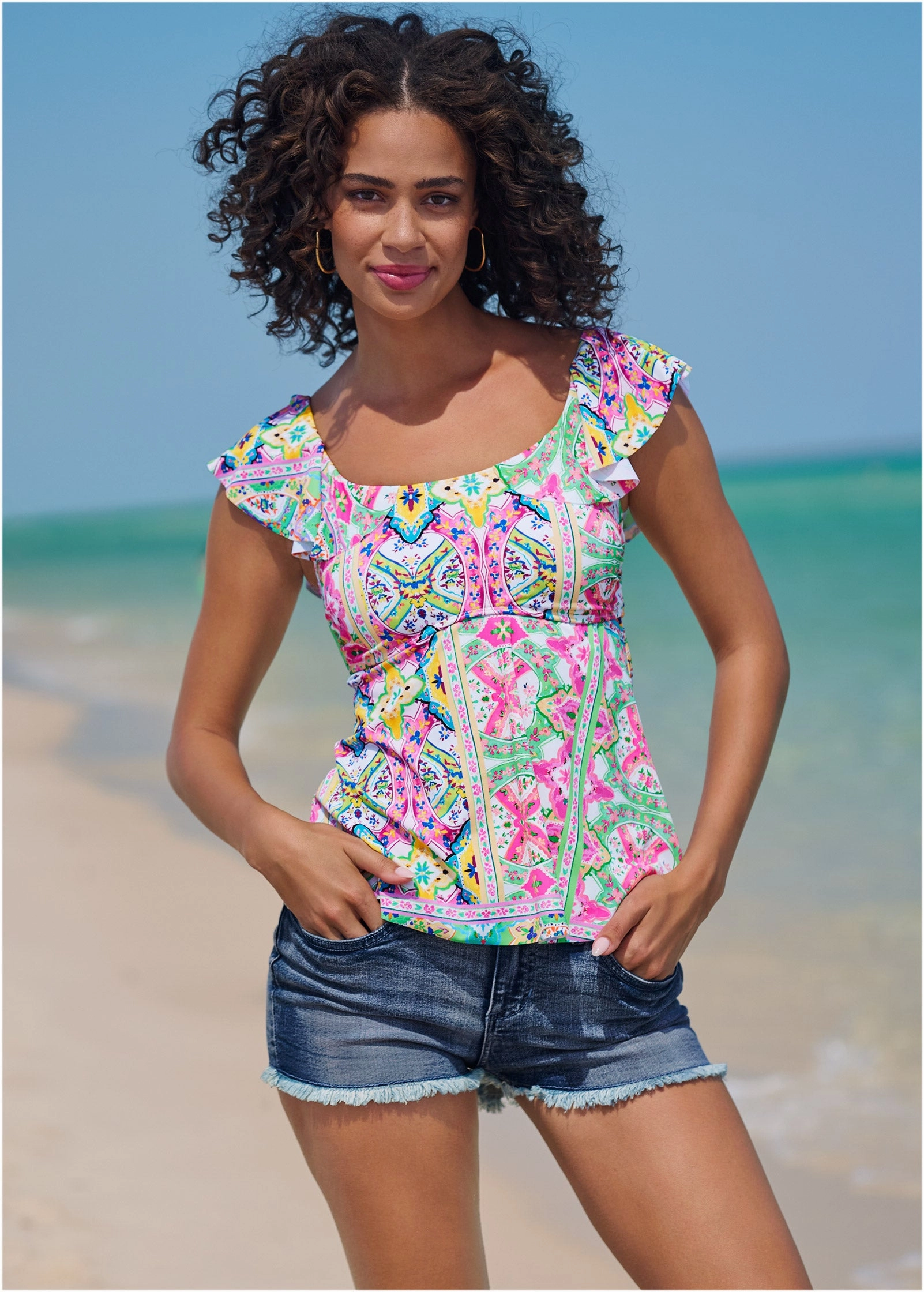 Flutter Sleeve Tankini Top - Beach Art