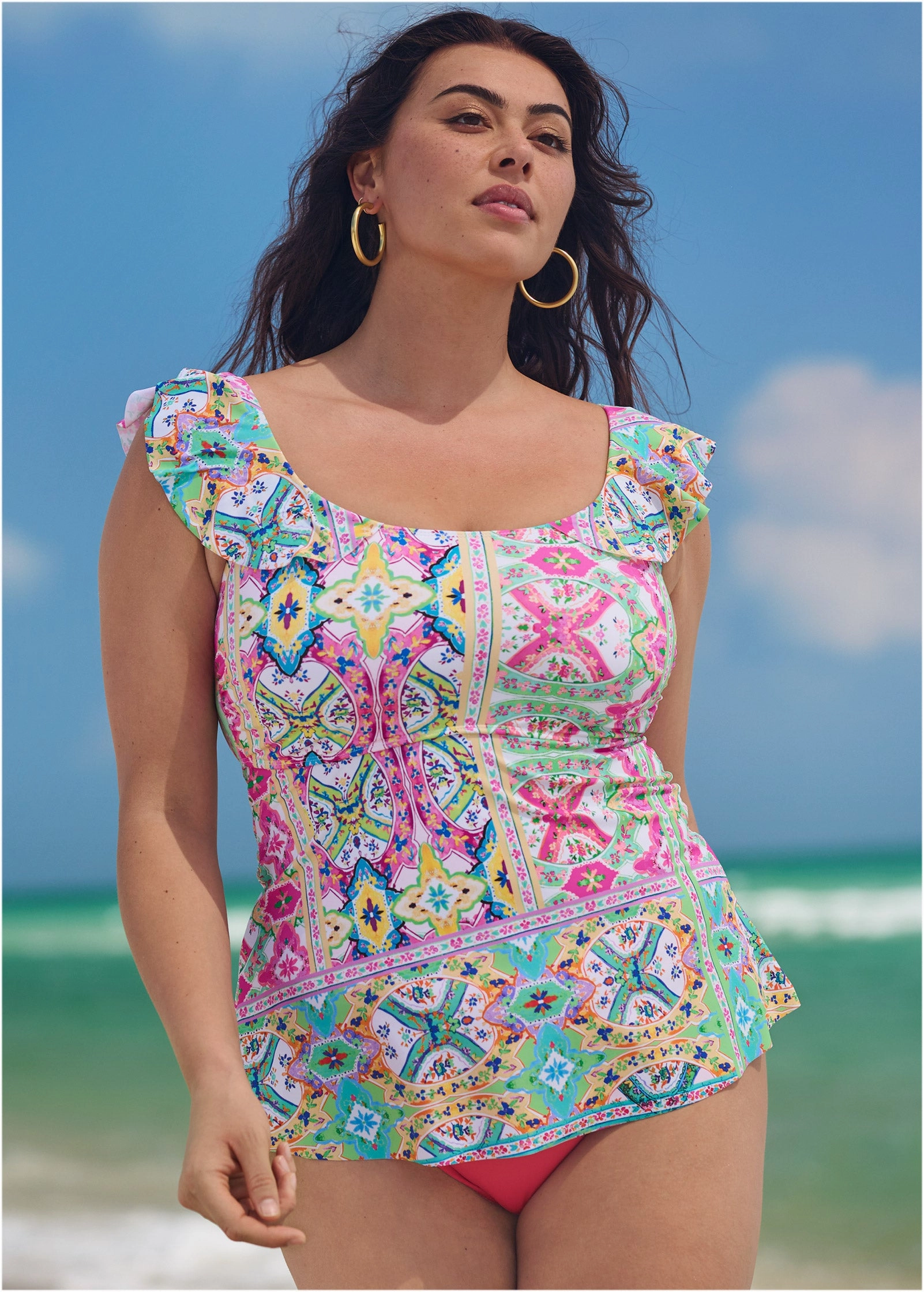 Flutter Sleeve Tankini Top - Beach Art