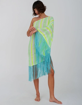 Fringed One Shoulder Kaftan - Neon Yellow