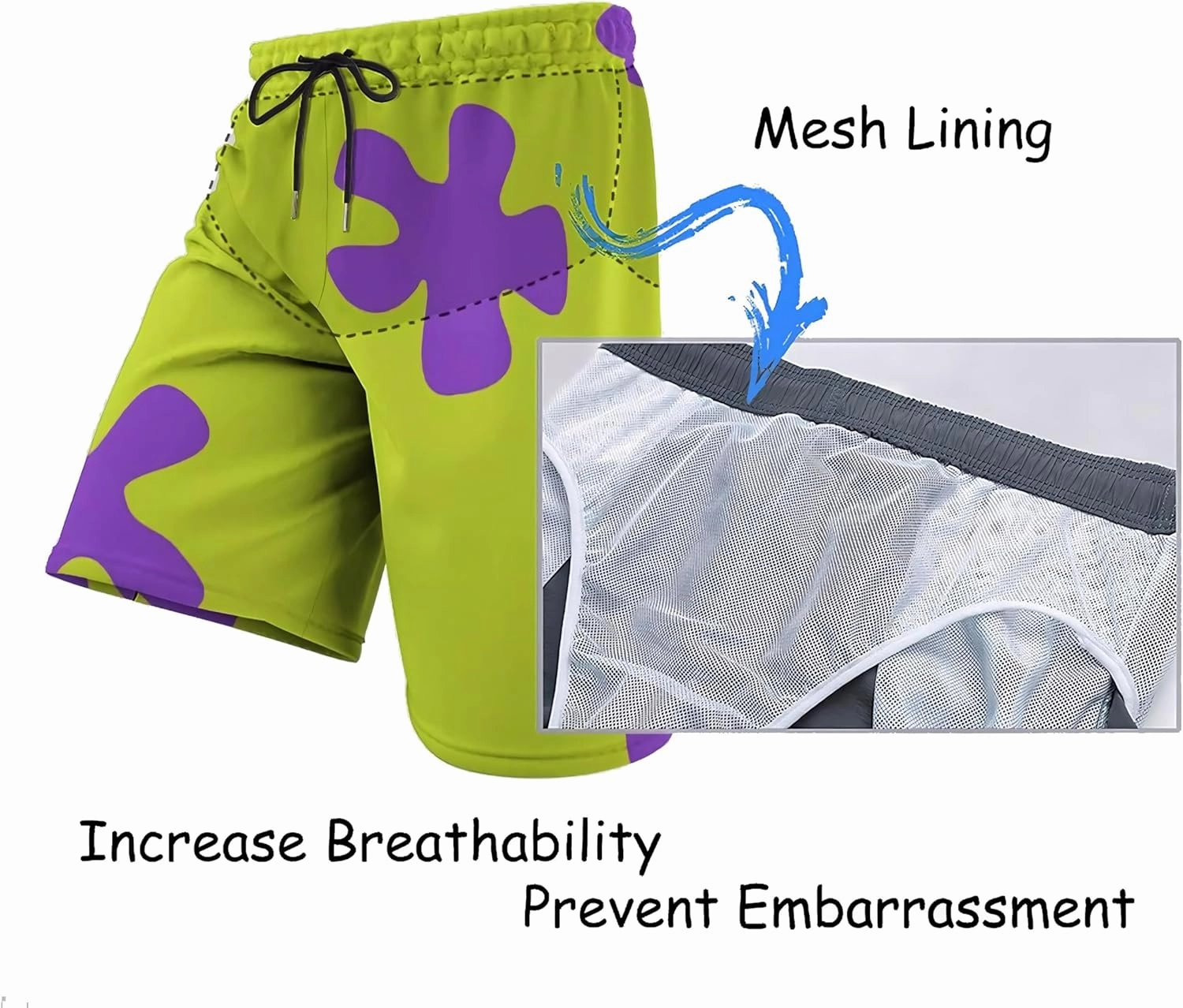 Funny Men's Board Shorts, Quick Dry Green Swim Trunks with Pocket and Mesh Lining Beach Shorts Bathing Suits