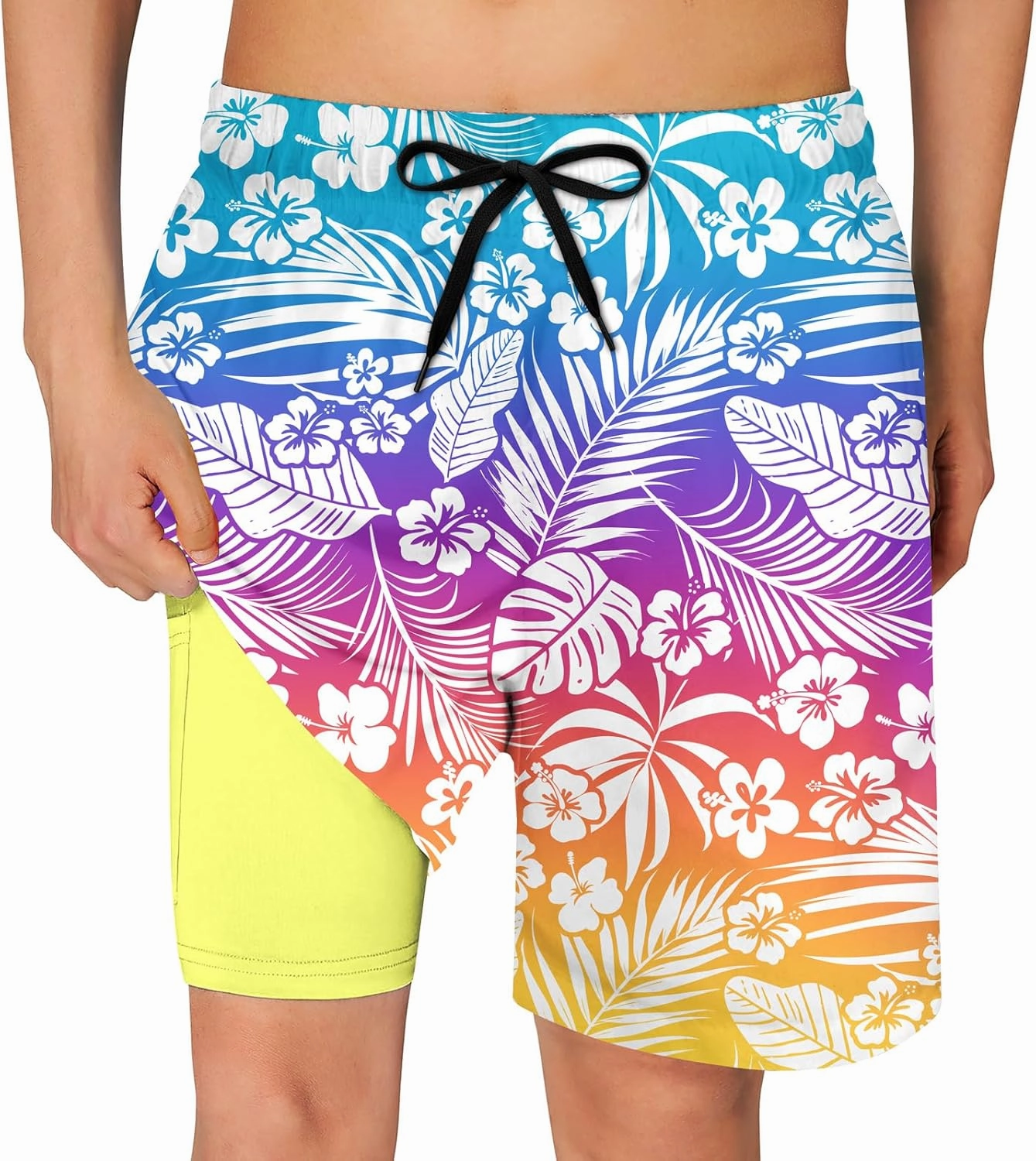 Funnycokid Boys Swim Trunks with Compression Liner Kids Anti-Chafe Swim Shorts Quick Dry Bathing Suit 5-16T