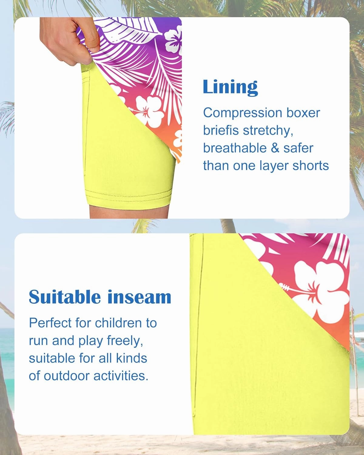Funnycokid Boys Swim Trunks with Compression Liner Kids Anti-Chafe Swim Shorts Quick Dry Bathing Suit 5-16T