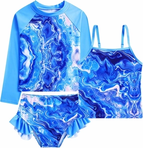 Funnycokid Girls Swimsuit 3 Pieces Long Sleeve Rash Guard Set Tankini Bathing Suits Summer Kids Swimwear 3-10 Years