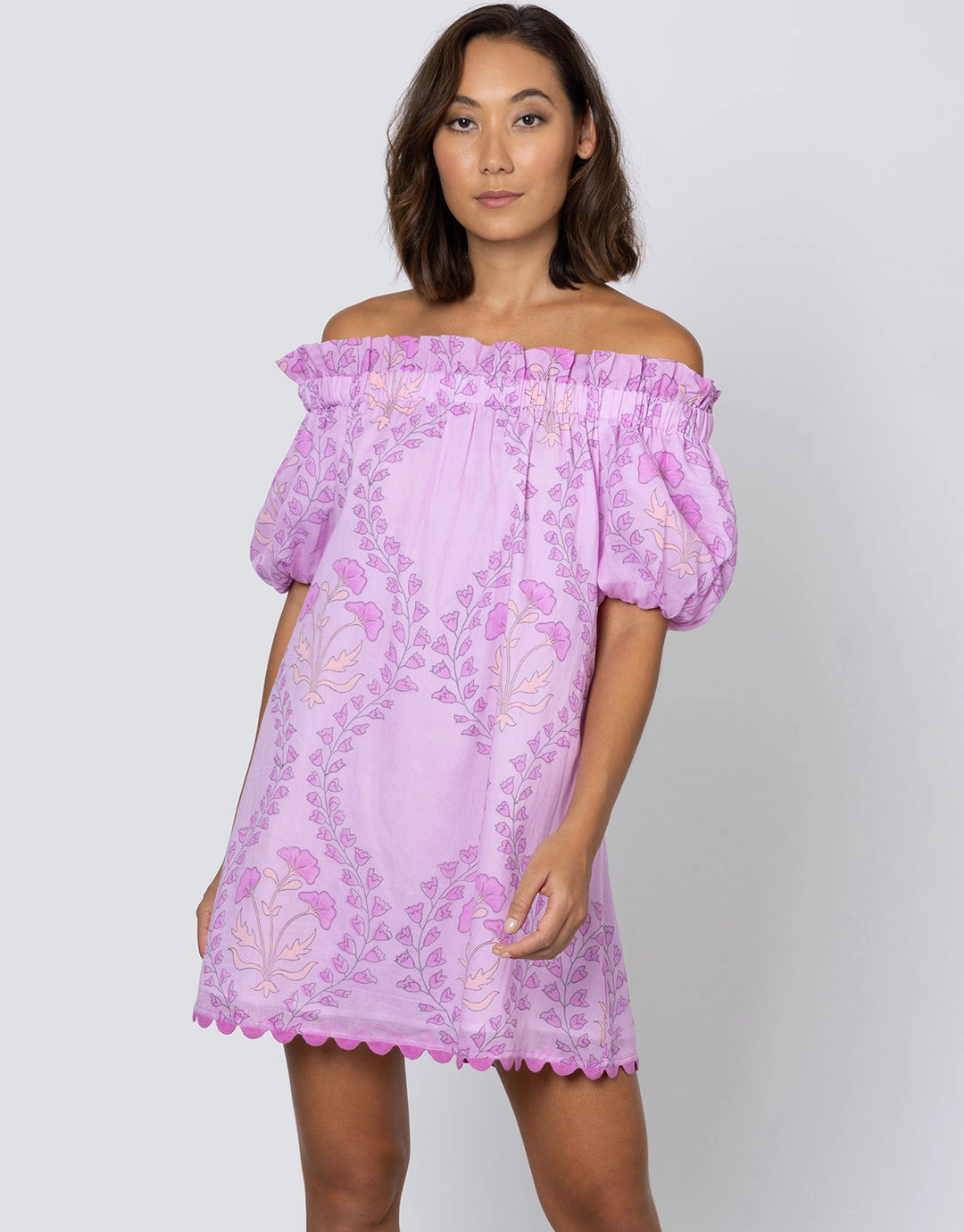 Ginko Print Off Shoulder Mini Dress with Ric-Rac - Violet and Peach