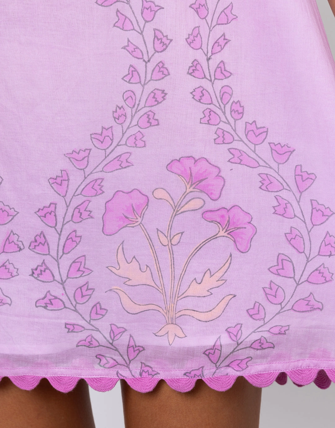 Ginko Print Off Shoulder Mini Dress with Ric-Rac - Violet and Peach