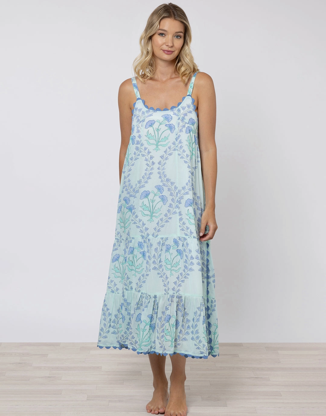 Ginko Print Swing Dress with Ric-Rac - Aqua and Blue