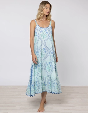 Ginko Print Swing Dress with Ric-Rac - Aqua and Blue