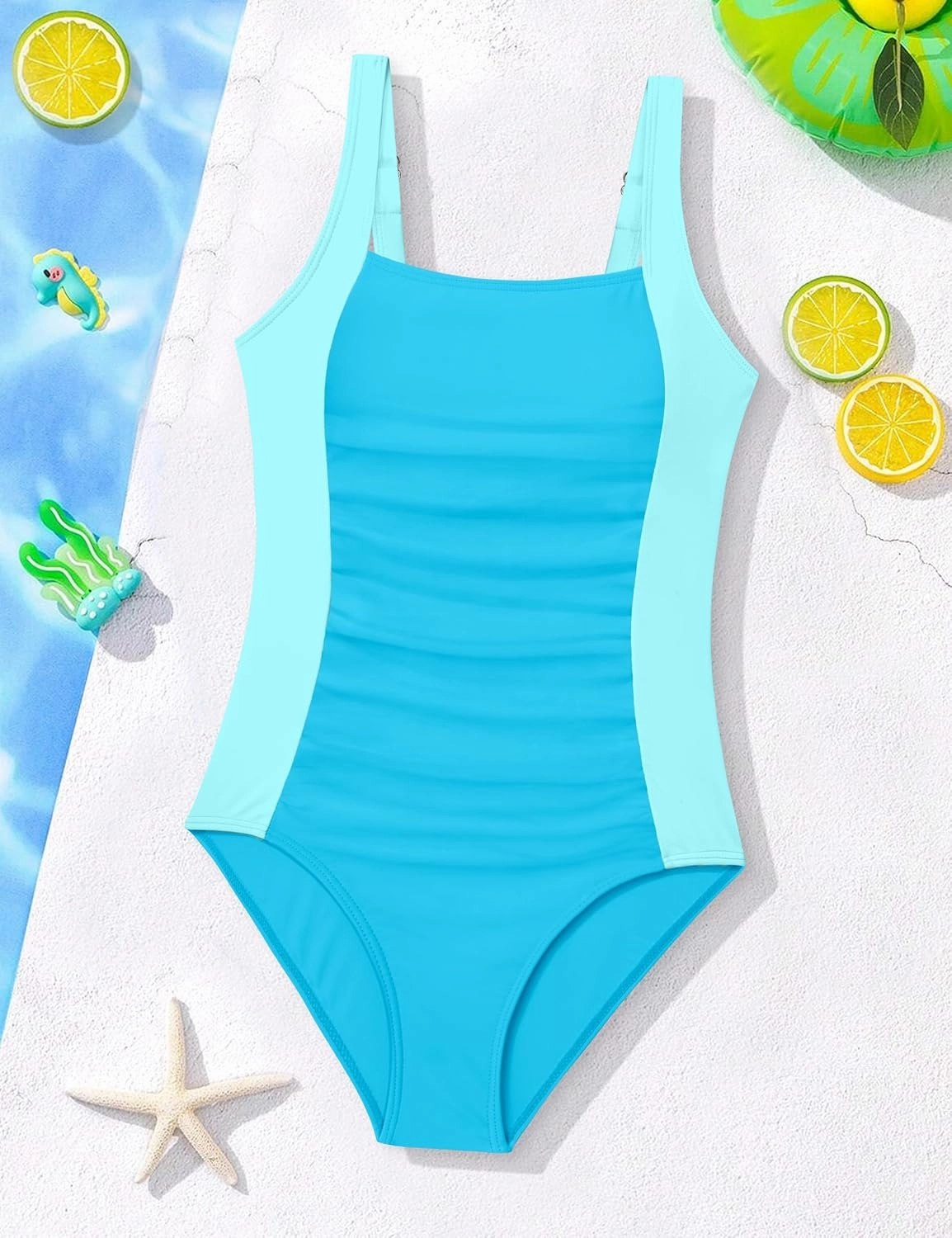 Girl Swimsuit One Piece Bathing Suit for Girls Solid Color Ruched Adjustable Straps Padded Swimwear 9-16y