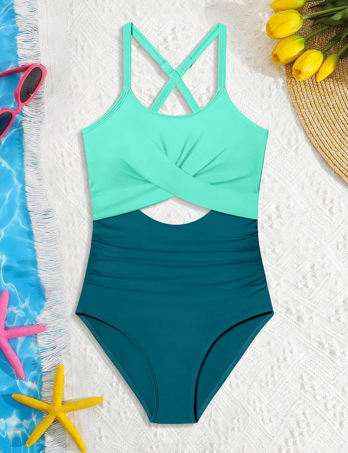 Girl Swimsuit One Piece Cutout Ruched Bathing Suit for Girls V-Neck Color Block Adjustable Straps Pad Swimwear 9-16y
